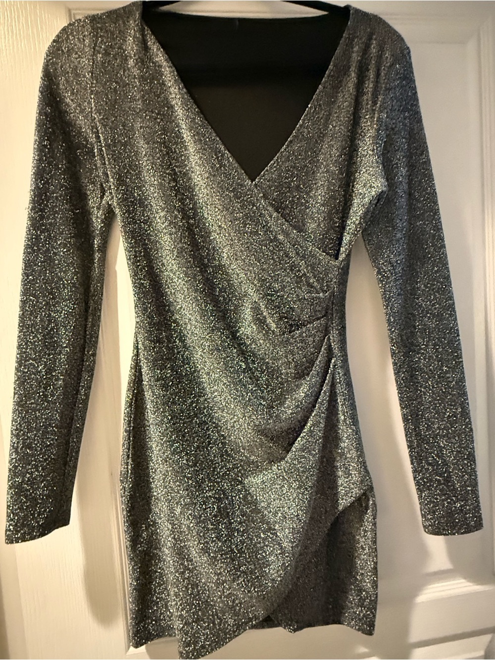 Sparkle Wrap-Front Long Sleeve Mini Dress - Silver